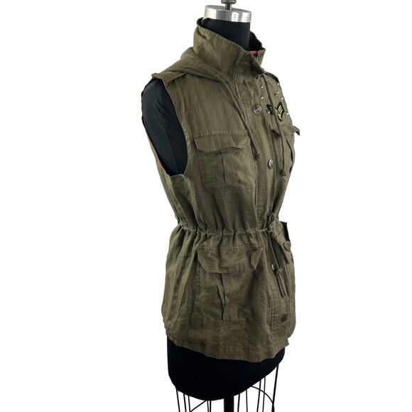 LOVE TREE Olive Green Linen Sleeveless Cinched Waist Military Hooded Vest Top S? - Picture 2 of 6
